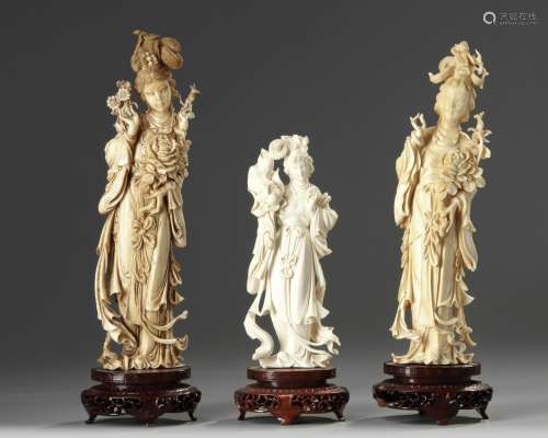 Three Chinese carved ivory figures of maidens