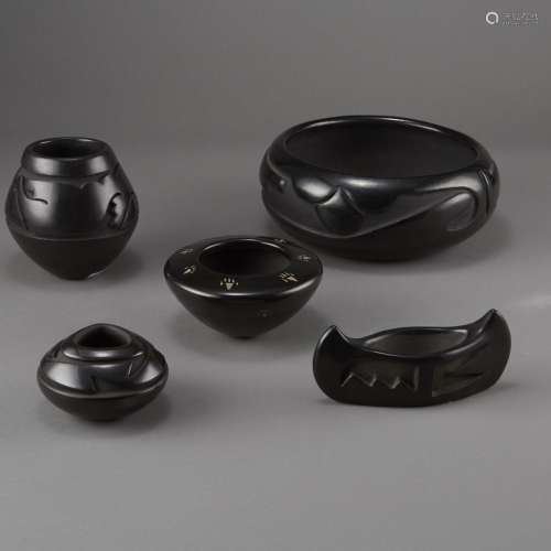 Group of 5 Carved Blackware Pottery Tafoya, Naranjo, Gonzalez, Garcia