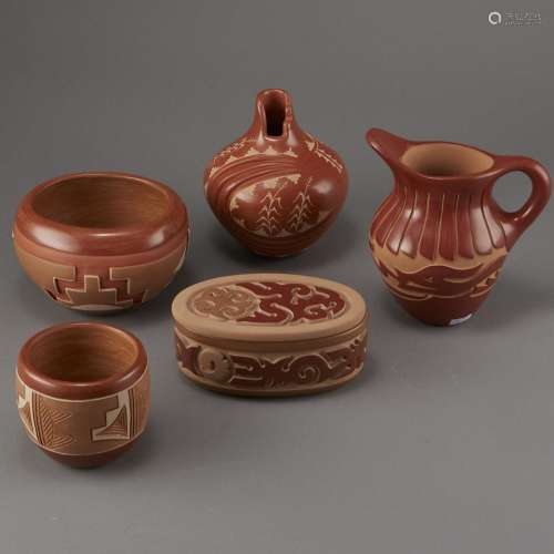 Group of 5 Santa Clara Redware Carved Pottery