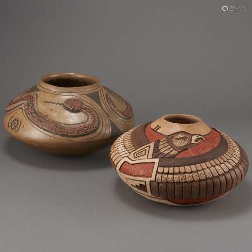 Group of Two Heavily Carved Tom Polacca Hopi Pottery Bowls
