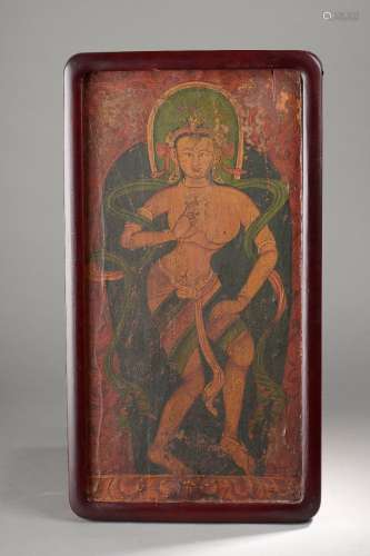 Peinture illustrant une Apsara dansante figurée nu...