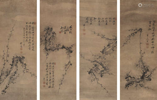 刘元锡（1696～约1748） 癸亥（1743年）作 墨梅 四屏镜心 水墨纸本