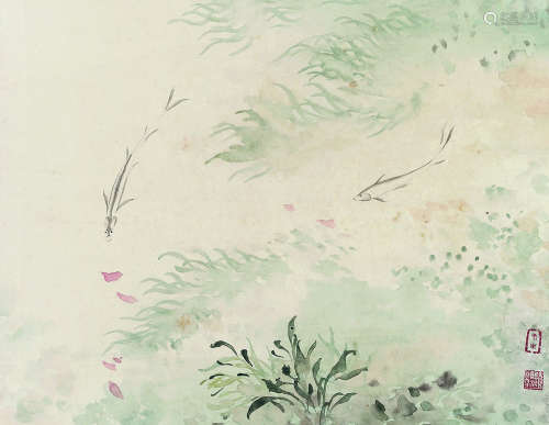 汤贻汾（1778～1853） 落花游鱼图 立轴 设色纸本