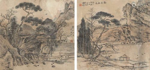 朱拱宸（清·光绪） 丙子（1876年）作 山水双挖 双挖立轴 设色纸本