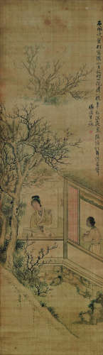 费丹旭（1802～1850） 秋夜纺纱图 立轴 设色绢本