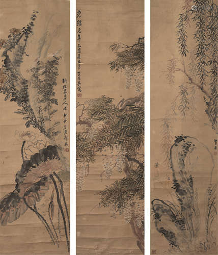 郑应箕（1809～1879） 光绪元年（1875年）作 花鸟 三屏镜心 设色纸本