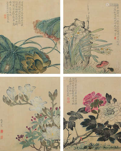 廖云锦（清·干嘉） 丙寅（1806年）作 花卉 （四帧） 镜心 设色绢本