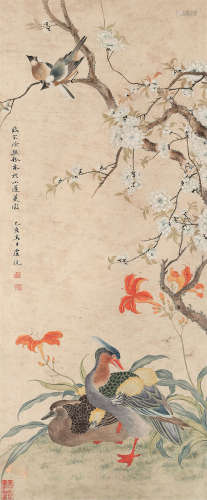 虞沅（清·康熙） 乙亥(1695年)作 百合鸳鸯图 立轴 设色纸本