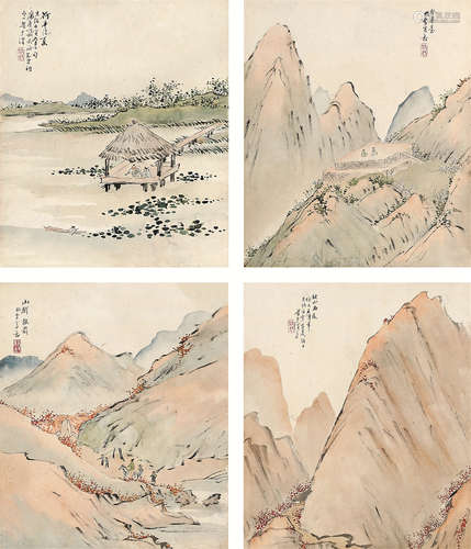 梁于渭（?～1913） 光绪壬寅(1902年)作 山水双挖对屏 双挖立轴 设色纸本