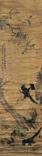 吕潜（1621～1706） 丁卯(1687年)作 双禽纳凉图 立轴 设色绫本