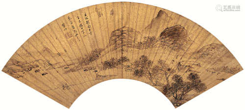 罗什（明末清初） 壬戌(1622年)作 携琴访友图 扇面镜心 设色红金纸本