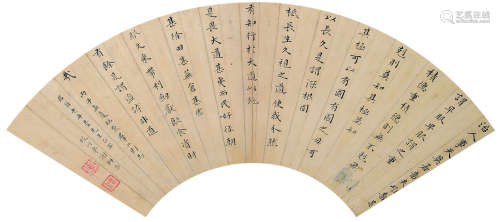 谢师昌（清·顺康） 丙子(1696年)作 楷书临《鹅群》二则 扇面镜心 水墨纸本