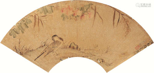周之冕（1521～？） 花间闲憩图 扇面镜心 设色红金纸本