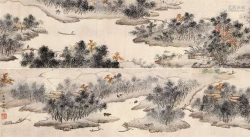 文伯仁（1502～1575） 江村渔舍图卷 手卷 设色纸本