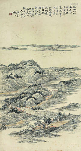 张士保（1805～1878） 同治十年(1871年)作 拟沈石江行图 立轴 设色纸本