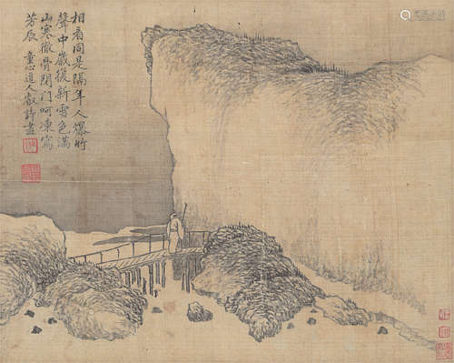 释上睿（1634～1680） 溪桥策杖图 立轴 水墨绢本