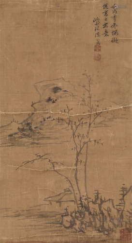 陈岳（明） 成化丙戌(1466年)作 拟倪高士笔意图 立轴 水墨绢本