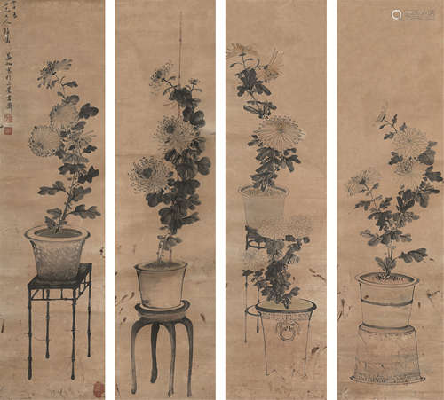 黄葆谦（1850～1928） 花卉四条屏 立轴 设色纸本