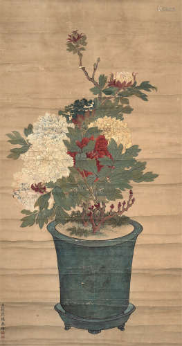 蒋廷锡（1669～1732）（款） 御苑清供图 立轴 设色纸本
