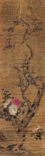 王醴（明末） 丁卯(1627年)作 秋菊寒雀图 立轴 设色绢本