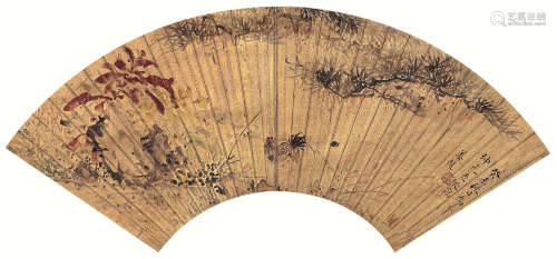 姜起（明） 癸未(年)作 松石雄鸡图 扇面立轴 设色红金纸本