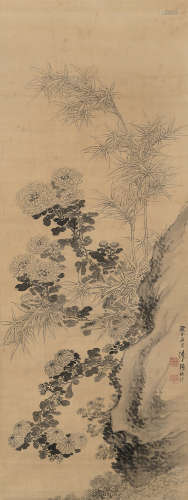 孙杕（明末清初） 癸未(1643年)作 秋庭竹菊图 立轴 水墨绢本