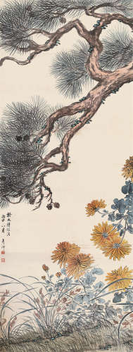 刘彦冲（1807～1847） 丙申(1836年)作 松菊延年图 立轴 设色绢本