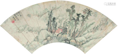 潘思牧（1756～?） 秋山萧寺图 扇面镜心 设色纸本