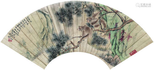 徐乃昌（1869～1943） 1931年作 松猴图 扇面镜心 设色纸本