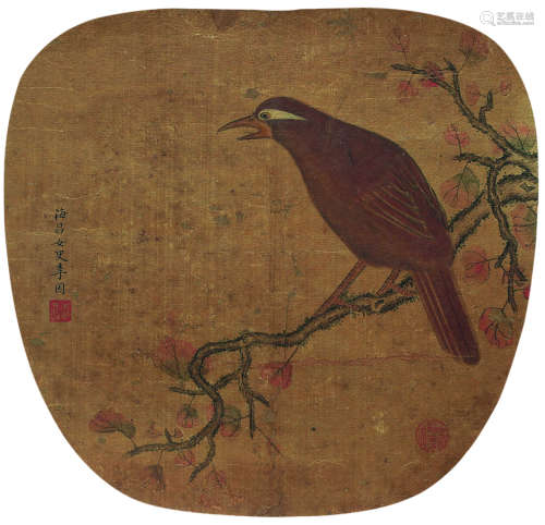 李因（1610～1685）（款） 鸟啼花落图 团扇镜心 设色绢本