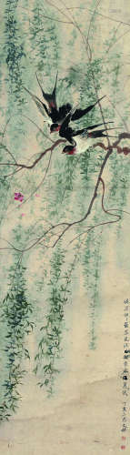 文林（1445～1499） 1467年作 春风柳燕图 立轴 设色纸本