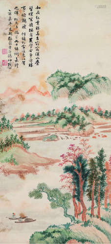 张榖年（1905～1987） 1945年作 溪山垂钓图 立轴 设色纸本