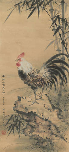 邓耀祖 1957年作 雄鸡一声天下白 立轴 设色纸本