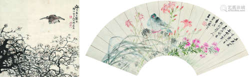 朱偁 俞礼（1826～1900） 1918年作 鸟语花香图 喜上眉梢图 双挖立轴 设色纸本