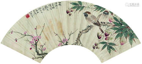 王雪涛（1903～1982） 1945年作 梅枝双禽图 扇面镜心 设色纸本