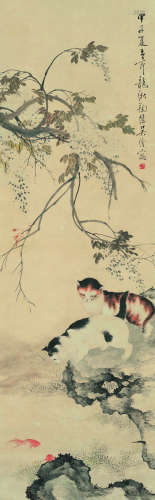 吴淦（1839～1887） 1864年作 狸奴羡鱼图 立轴 设色纸本