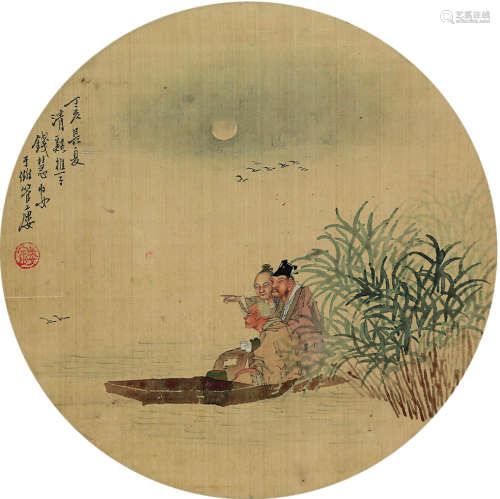 钱慧安（1833～1911） 1887年作 赤壁夜游图 团扇镜心 设色绢本