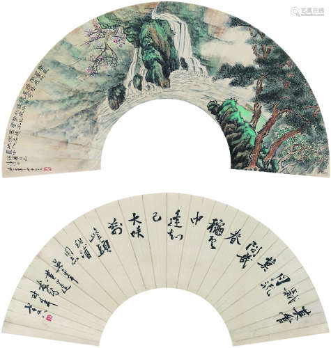 吴一峰（1907～1998） 1984年作 松溪飞瀑图 行书自作诗 扇面镜心 设色纸本
