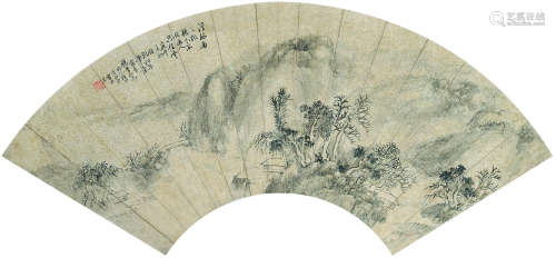 释雪舟（1846～1896） 1870年作 溪山烟云图 扇面镜心 水墨洒金纸本