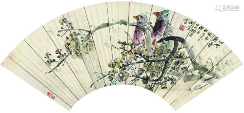 何煜（1852～1928） 1922年作 高枝鸟趣图 扇面镜心 设色纸本