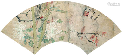 任熏（1835～1893） 喜吟竹枝图 扇面镜心 设色纸本