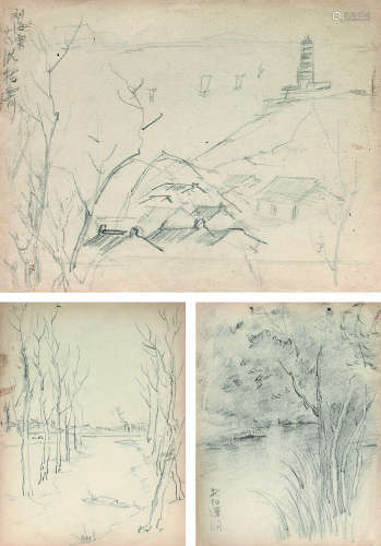 刘海粟（1896～1994） 速写稿 镜心 3页铅笔纸本
