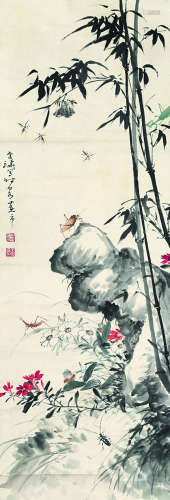 王雪涛（1903～1982） 竹石秋虫图 立轴 设色纸本