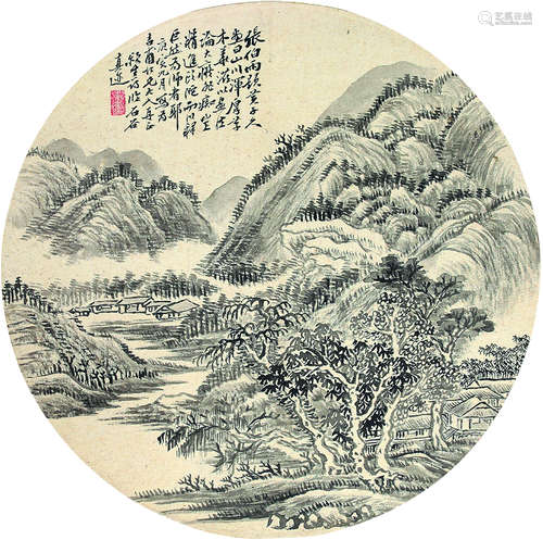 姜筠（1847～1919） 1890年作 溪山雨意图 团扇镜心 水墨纸本