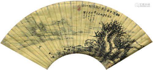 黄鹤俦 1882年作 欸乃舟行图 扇面镜心 水墨泥金纸本