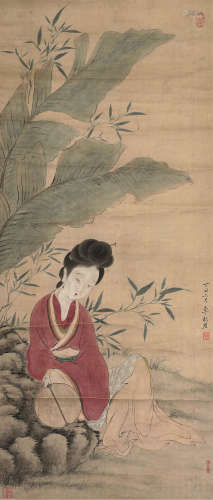 李秋君（1899～1973） 1937年作 倚石幽人图 立轴 设色绢本