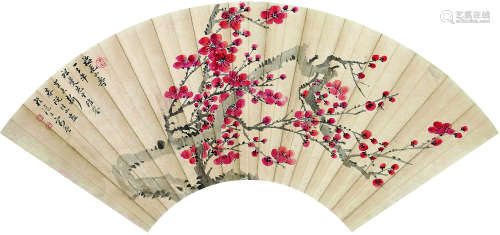 阮性山（1891～1974） 1943年作 寒梅图 扇面镜心 设色纸本