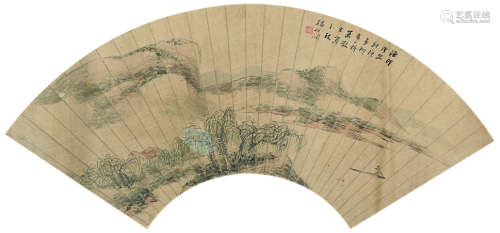 杨伯润（1837～1911） 渔村残照图 扇面镜心 设色绢本
