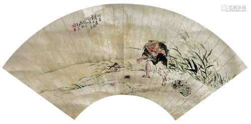 王燕（1850～1917） 月下捕蟹图 扇面镜心 设色纸本