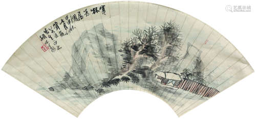 胡公寿（1823～1886） 1884年作 寒林老屋图 扇面镜心 设色纸本